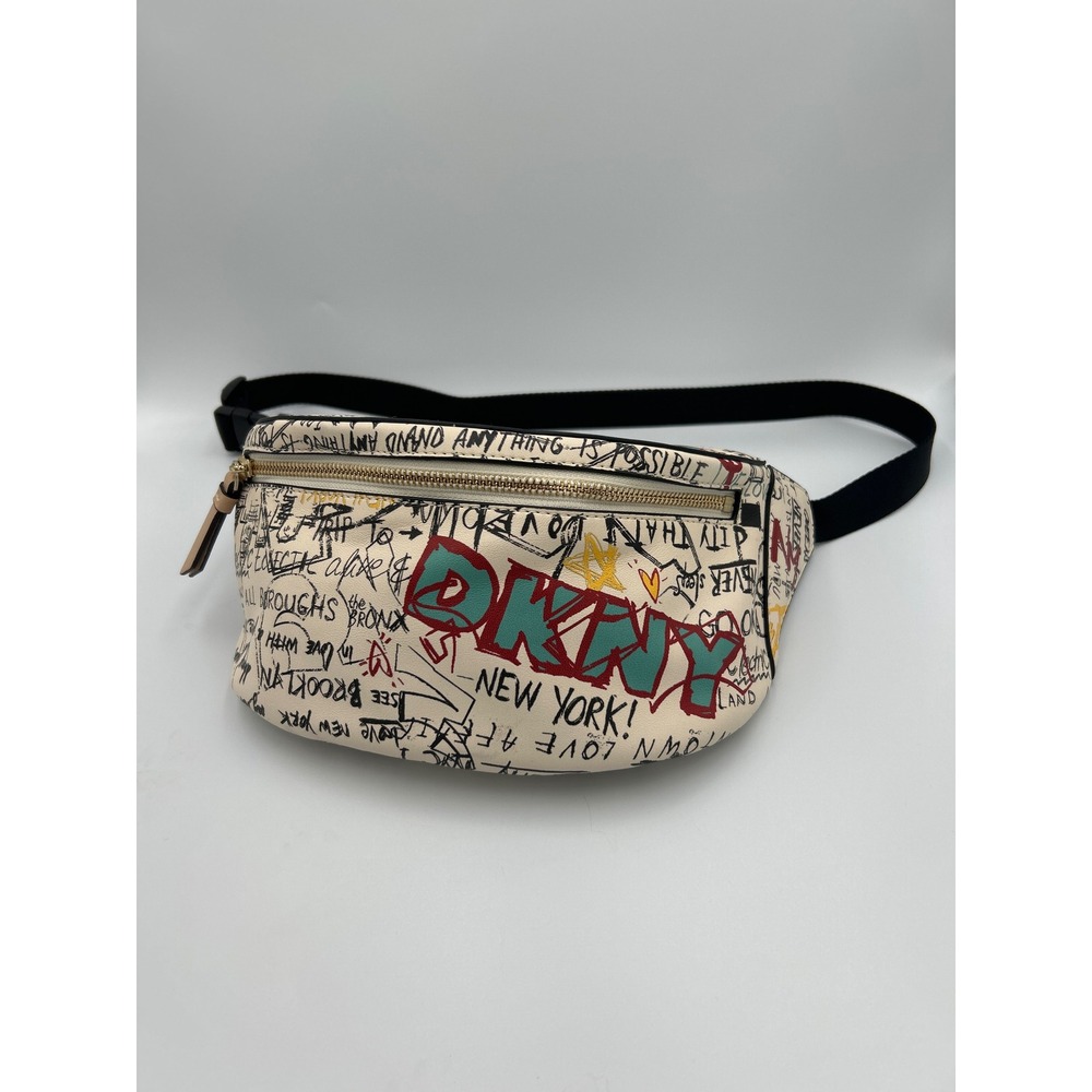 DKNY New York Graffiti Belt Bag Cream Faux Leather Fanny Pack Streetwear Logo